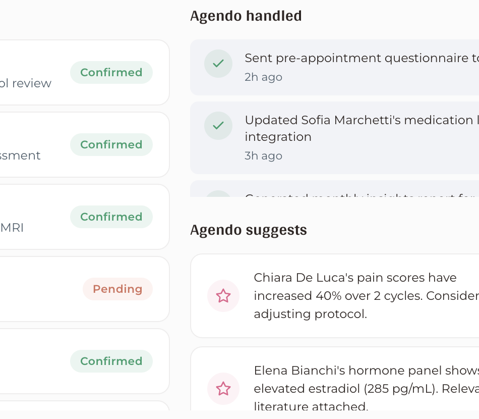 Agendo handled and Agendo suggests panels showing automated tasks