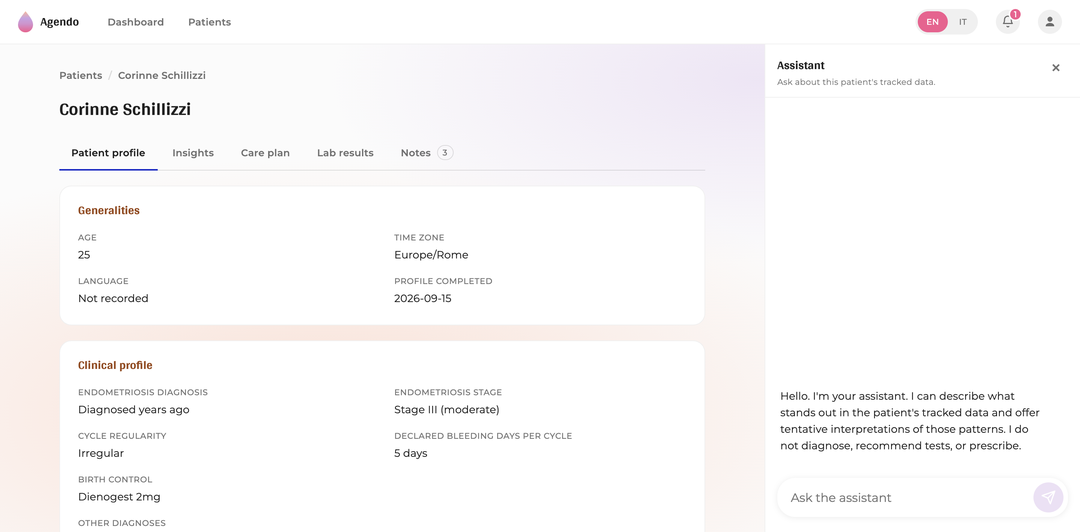 The patient profile tab: her generalities and clinical profile, with the assistant ready beside them.