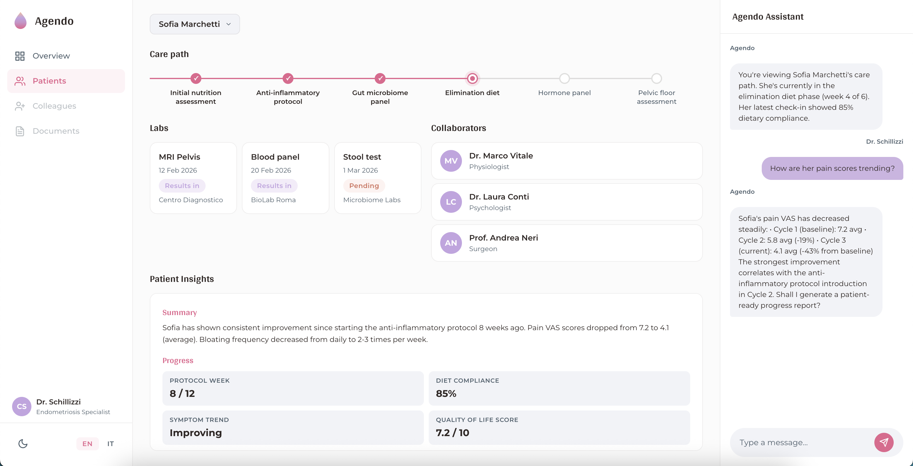 Patient detail view with care path, labs, collaborators and AI assistant