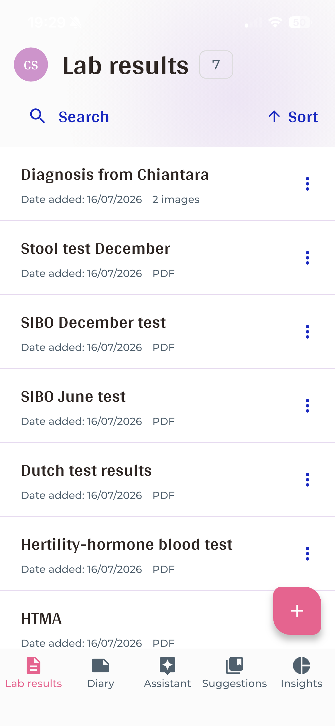 Lab results screen listing medical documents as PDFs and images, all in one place